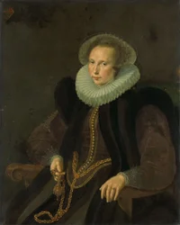 Hollantilainen: Griete Jacobsdr van Rhijn (1585-1652). Jacob Cornelisz Banjaertin vaimo, nimeltään van Neck Griete Jacobsdr van Rhijnin (1585-1652) muotokuva. Jacob Cornelisz Banjaertin, nimeltään van Neck, vaimo.