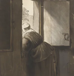 Nainen nojaa pohjaovelle Rembrandt van Rijnin mukaan