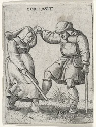Mies, jolla on sidottu jalka, tanssii naisen kanssa, 1572 (kaiverrus paperille)
