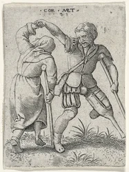 Mies puisella jalalla kääntämässä ontuvaa naista kainalonsa alla, 1572 (kaiverrus paperille)