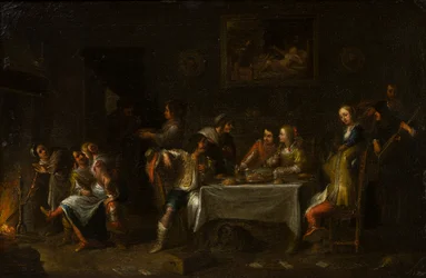 Naiset ja herrat juhlimassa pöydän ympärillä, n. 1612-67 (öljy, kangas ja paperi)