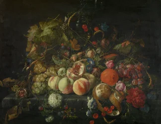 Kukkia ja hedelmiä sisältävä asetelma, noin 1670 (öljy kankaalle).