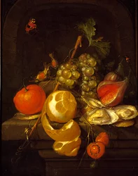 Asetelma hedelmillä ja ostereilla, 1650-luvun puoliväli