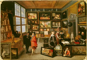 Amatööriharjoitus nimeltään Taideesineiden galleria. Niitä kutsuttiin myös uteliaiden toimistoiksi. Cornelis de Baellieurin (1607-1671) maalaus. 1637. Koko 0,51 x 0,74 m. Dijon, Kuvataidemuseo