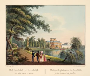 Lustslot Soestdijkissa puutarhasta katsottuna. Maison de plaisance de Soestdijk prize du coté du jardin, 1825 (käsinvärinen kaiverrus)