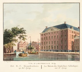 Näkymä Amsterdamiin nro 19. Het R.C. Maagdenhuis op het Spuij. Katolisten orpojen talo Spuijilla, 1825 (käsinvärinen kaiverrus)