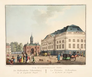 Näkymä Amsterdamiin nro 20. De Hollandsche Schouwburg ja de Leydsche Poort. Hollantilainen teatteri ja Leydenin satama, 1825 (käsinvärinen kaiverrus)