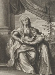 Neitsyen koulutus, jossa pyhä Anna istuu penkillä ja katsoo ylöspäin ja ..., n. 1645-78.