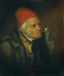 Mies, jolla on punainen hattu ja piippu (öljy kankaalle)