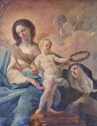 SS Salvatoren kirkko, sisätilat, Rukousnauhan alttari, Rukousnainen, Corrado Giaquinton (1703-1766) kankaalle maalaus, yksityiskohta, Poggiardo, Lecce, Puglia (kuva)