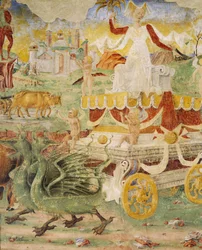 Lohikäärmeiden vetämät Ceresin vaunut, yksityiskohta Triumph of Ceresistä, kohtaus Elokuusta, Cosimo Tura (noin 1430-1495) ja Ercolen mestari, fresko, pohjoinen seinä, Kuukausien sali, Palazzo Schifanoia (Ilon palatsi) , Ferrara, Italia, noin 1470