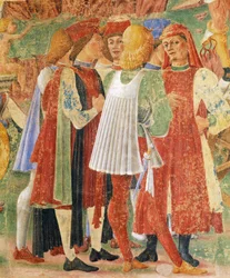 Kauppiaiden ryhmä, yksityiskohta Ceresin voitosta, kohtaus elokuulta, Cosimo Tura (noin 1430-1495) ja Ercolen mestari, fresko, pohjoisseinä, Kuukausien sali, Palazzo Schifanoia (Ilon palatsi), Ferrara, Italia, noin 1470