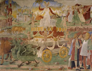 Ceresin voitto, kohtaus elokuulta, Cosimo Tura (noin 1430-1495) ja Ercolen mestari, fresko, pohjoisseinä, Kuukausien sali, Palazzo Schifanoia (Ilon palatsi), Ferrara, Detail, Italia, noin 1470