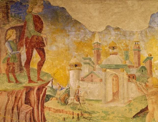 Ceresin voitto, kohtaus elokuulta, Cosimo Tura (noin 1430-1495) ja Ercolen mestari, fresko, pohjoisseinä, Kuukausien sali, Palazzo Schifanoia (Ilon palatsi), Ferrara, Detail, Italia, noin 1470