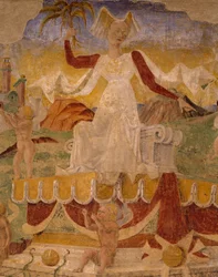 Ceresin voitto, kohtaus elokuulta, Cosimo Tura (noin 1430-1495) ja Ercolen mestari, fresko, pohjoisseinä, Kuukausien sali, Palazzo Schifanoia (Ilon palatsi), Ferrara, Detail, Italia, noin 1470