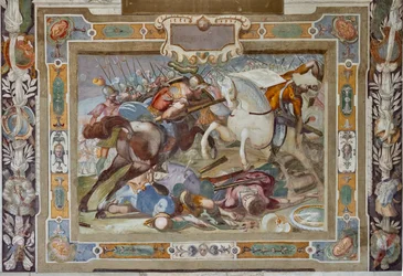 Taistelukohtaus Godfrey of Bouillonin asiakirjoista Jerusalemin valtauksen yhteydessä, noin 1589-94 (fresko).