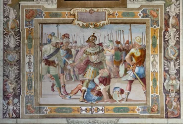 Taistelukohtaus Godfrey of Bouillonin asiakirjoista Jerusalemin valtauksen yhteydessä, noin 1589-94 (fresko).