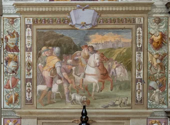 Metsästyskohtaus Godfrey of Bouillonin asiakirjoista, noin 1589-94 (fresko).