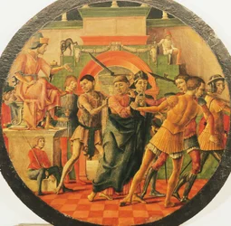 Pyhän Maureliuksen alttaritaulu, kohtauksena pyhän Mauritiuksen tuomitseminen, noin 1480, tekijänä Cosimo Tura (1430 - noin 1495), halkaisija 48 cm