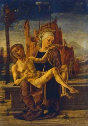 Pieta by Cosme Tura (n. 1430 - 1495), öljy puulle, 48x33 cm, n. 1460