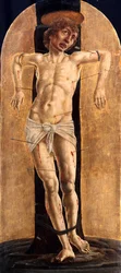 ""Pyhä Sebastián"" (Saint Sebastian) Cosimo (Cosimo) Turan maalaus (ennen 1431-1495), n. 1484 - Öljy puulle, 75x33 - Staatliche Museen, Berliini