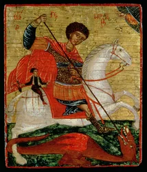 Pyhän Yrjön ja lohikäärmeen ikoni (kultalehti ja tempera paneelissa)