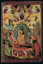 Neitsyen Dormition (munan tempera puulla kuparilla)