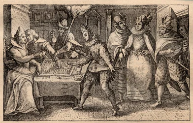 Backgammon-juhla kiertelevien pelaajien kanssa - hollantilainen kuparilevykaiverrus; vedossarjasta Hortus Voluptatem, kirjoittanut Crispin de Passe (1550-1643) - Backgammonia pelaava pariskunta yllättynyt Crispin de Passe l