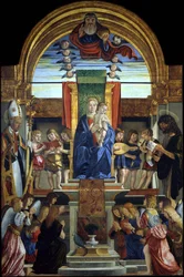 Neitsyt ja lapsi Isän Jumalan ja pyhien Hilariuksen ja Johannes Kastajan valtaistuimella, 1499