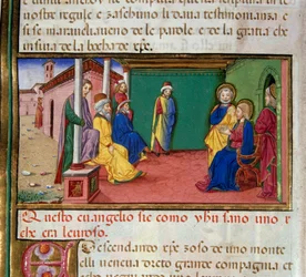 Jeesus menee Nasaretin synagogaan lauantaina ja lukee Cristoforo De Predisin (1440-1486) profeetta Jesajan pienoiskirjaa Uuden testamentin historian jälkeen.