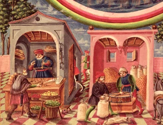 Ms Lat 209 fol.6v Jupiter, yksityiskohta hedelmä- ja viljakauppiaista, De Sphaerasta, n.1470 vellum yksityiskohta 308309:stä