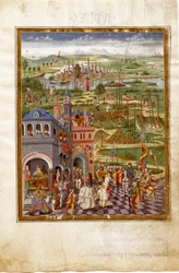 Kohtaus kidutuksista ja tuomioista keskiaikaisessa kaupungissa. Saturnuksen vaikutukset (miniatyyri, noin 1470)