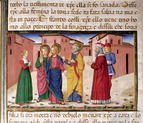 Jeesus puhuttelee aviorikokseen syyllistynyttä naista Cristoforo De Predisin (1440-1486) pienoismalli Uuden testamentin historian jälkeen (61)
