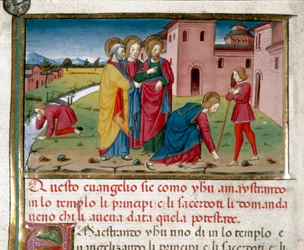 Jeesus antaa näön synnynnäiselle sokealle miehelle Cristoforo De Predisin (1440-1486) pienoiskuva Uuden testamentin historian jälkeen (7.