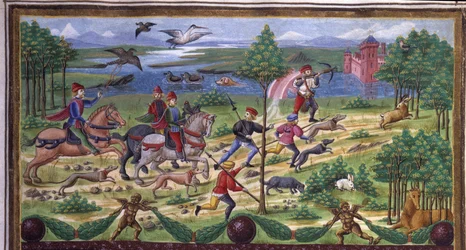 La Chassen yksityiskohta "" Influence de mars -kirjassa": metsästys ja tuomioistuin. Miniatyyri, jonka on tehnyt Cristoforo de Predis (v. 1440-v. 1486) - "" De Sphaera""" d