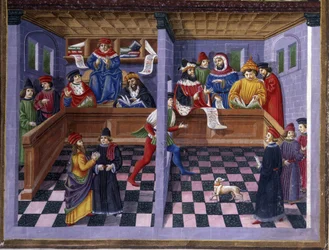 Le Tribunal (Il Tribunale) in "" Influence de mars"": la chasse et le tribunal. Miniatyyri, jonka on tehnyt Cristoforo de Predis (v. 1440-v. 1486) - "" De Sphaera""" d