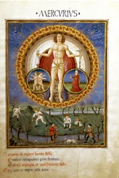 Merkurius sekä Neitsyen ja Kaksosten eläinradan merkit. Talonpoikia työskentelemässä pelloilla (noin 1470)