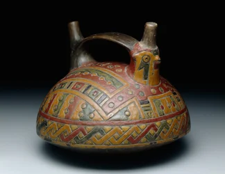 Kaksoisnokkainen hihnakahvallinen alus, joka kuvaa haukkaa, Early Horizon, Epoch 8, noin 500-400 eaa. (keraaminen ja hartsisuspendoitu maali)
