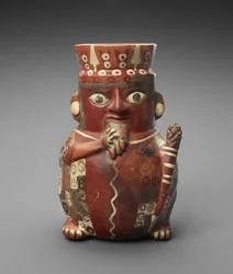 Figuraalipurkki, jossa Pan Pipe ja Club, c. 600-1000 jKr (keramiikka lipulla)