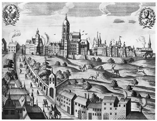Näkymä Prahasta, jossa näkyy keisarillinen palatsi ja teologinen korkeakoulu, n. 1618