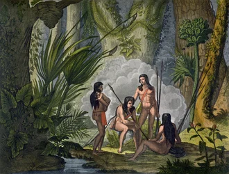 Camacani-heimon jäseniä metsässä Amazonin viidakossa Brasiliassa, teoksesta "Le Costume Ancien et Moderne", osa I, taulu 53, Jules Ferrario, julkaistu noin 1820-30-luvuilla