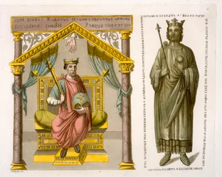 HRE Charles II (kalju) valtaistuimella Colbergin kirjastossa olevan käsikirjoituksen jälkeen, levy 6 Jules Ferrarion pubista "Le Costume Ancien et Moderne". 1820-30 luvulla