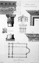 Suunnitelma ja arkkitehtoniset yksityiskohdat Imbrohor Dzamissista, Pyhän Johannes Kastajan kirkosta, "Konstantinopolin kirkkoarkkitehtuuri", pub. Lehmann ja Wentzel Wienistä, n. 1870-80 (litho)