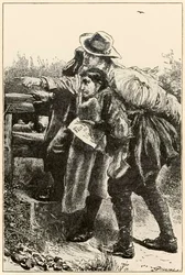 Evankelista osoittaa tien pyhiinvaeltajien edistymisestä tästä maailmasta siihen, mikä on tuleva. John Bunyan (1628-1688) kuvitus Thomas Dalziel (1823-1906) Evankelista, joka näyttää Christianin