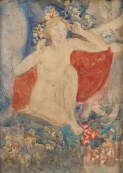 Tutkimus kevään koristelua varten: Maa herää, n. 1924 (lyijykynä ja akvarelli paperille).