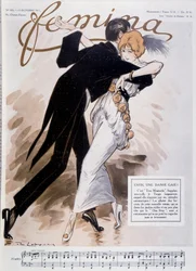 Pariskunta tanssii tangoa - kuvitus Daniel De Losques (Henri Casimir Paul Thouroude) (1880-1915) - elokuvassa "" Femina"" 15.10.1913