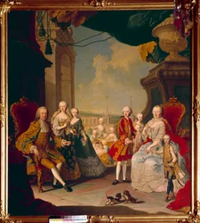 Pyhän valtakunnan Francois I (1708-1765) ja hänen vaimonsa vaikutuksen Marie Therese Iere (1717-1780) yhdentoista lapsensa kanssa Schonbrunnin (tai Schönbrunnin) linnan terassilla Tuleva kuningatar Marie Antoinette poseeraa keskellä edelleen vauva. Maali
