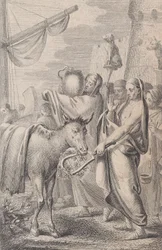 Figuurit oikealla lähellä laivaa, jotkut pitävät eläimiä päänsä päällä, hevonen vasemmalla, 1783