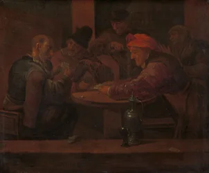 Miehet pelaavat korttia tavernassa