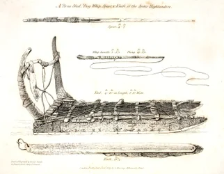 Arctic Highlandersin luureki, koiranpiiska, keihäs ja veitsi, kuvitus teoksesta "A Joyage of Discovery...", 1819